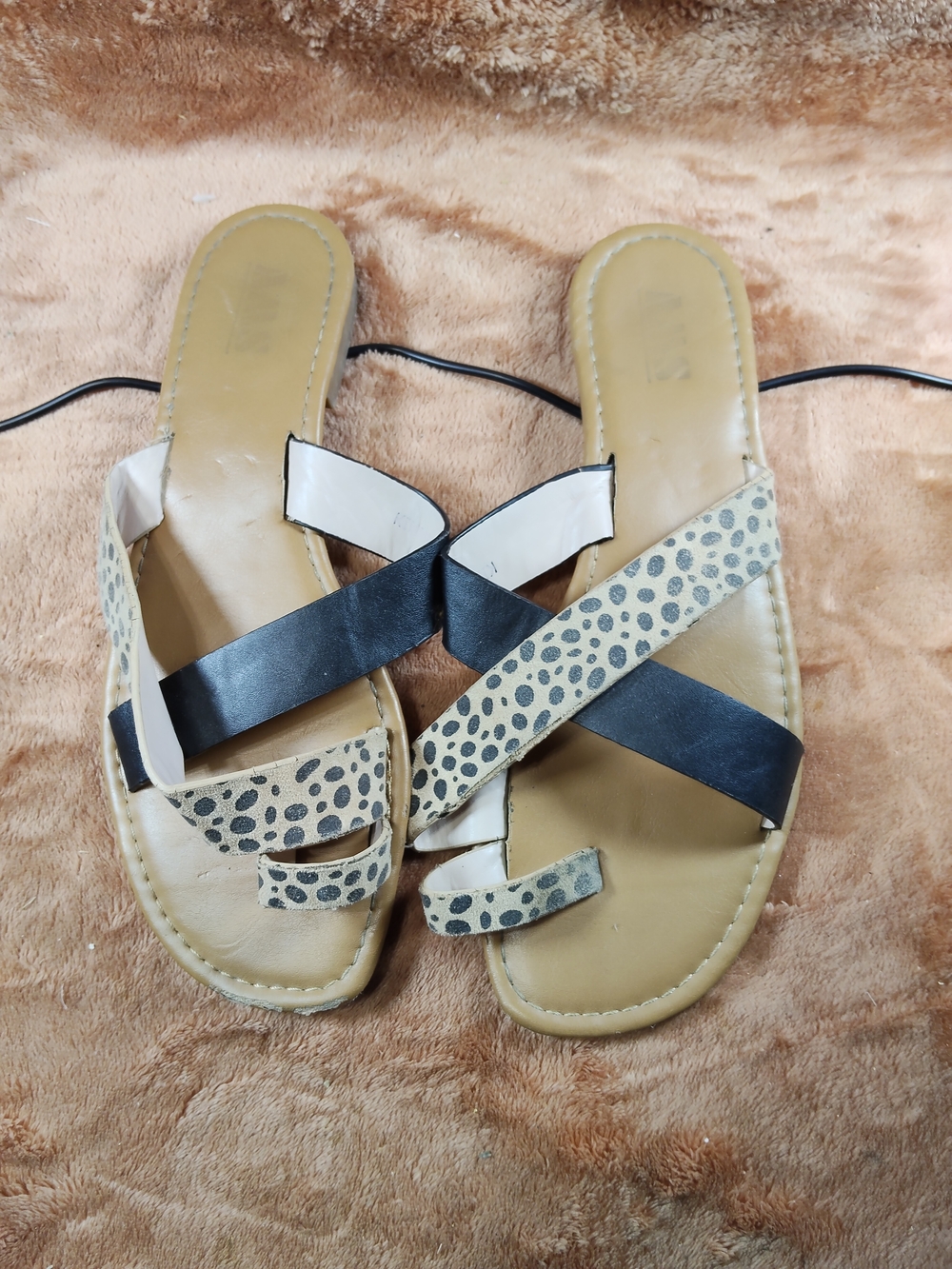Women's Leopard Print & Black Cross-Strap Slide Sandals